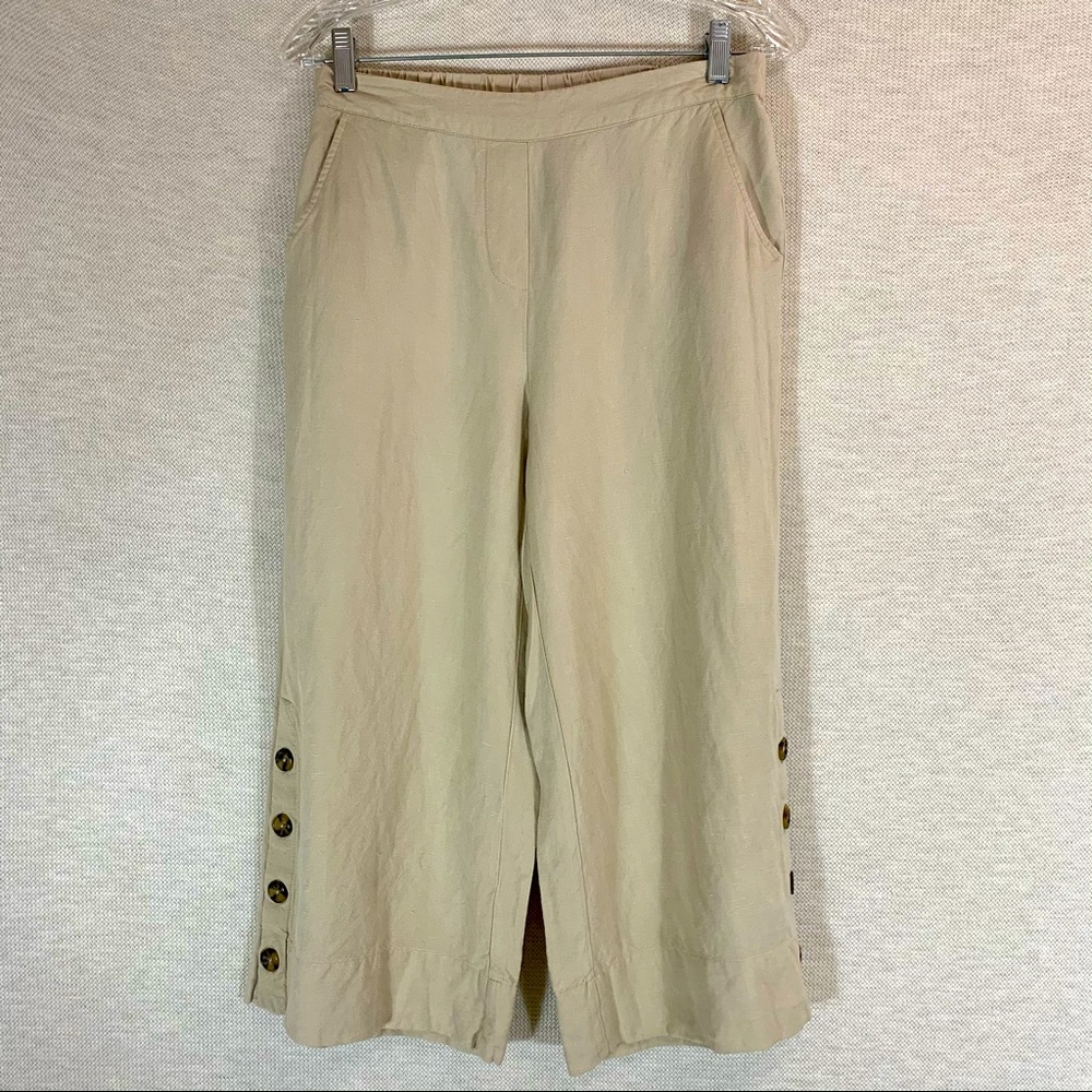 LINEN BLEND KHAKI BEACH ANKLE PANTS